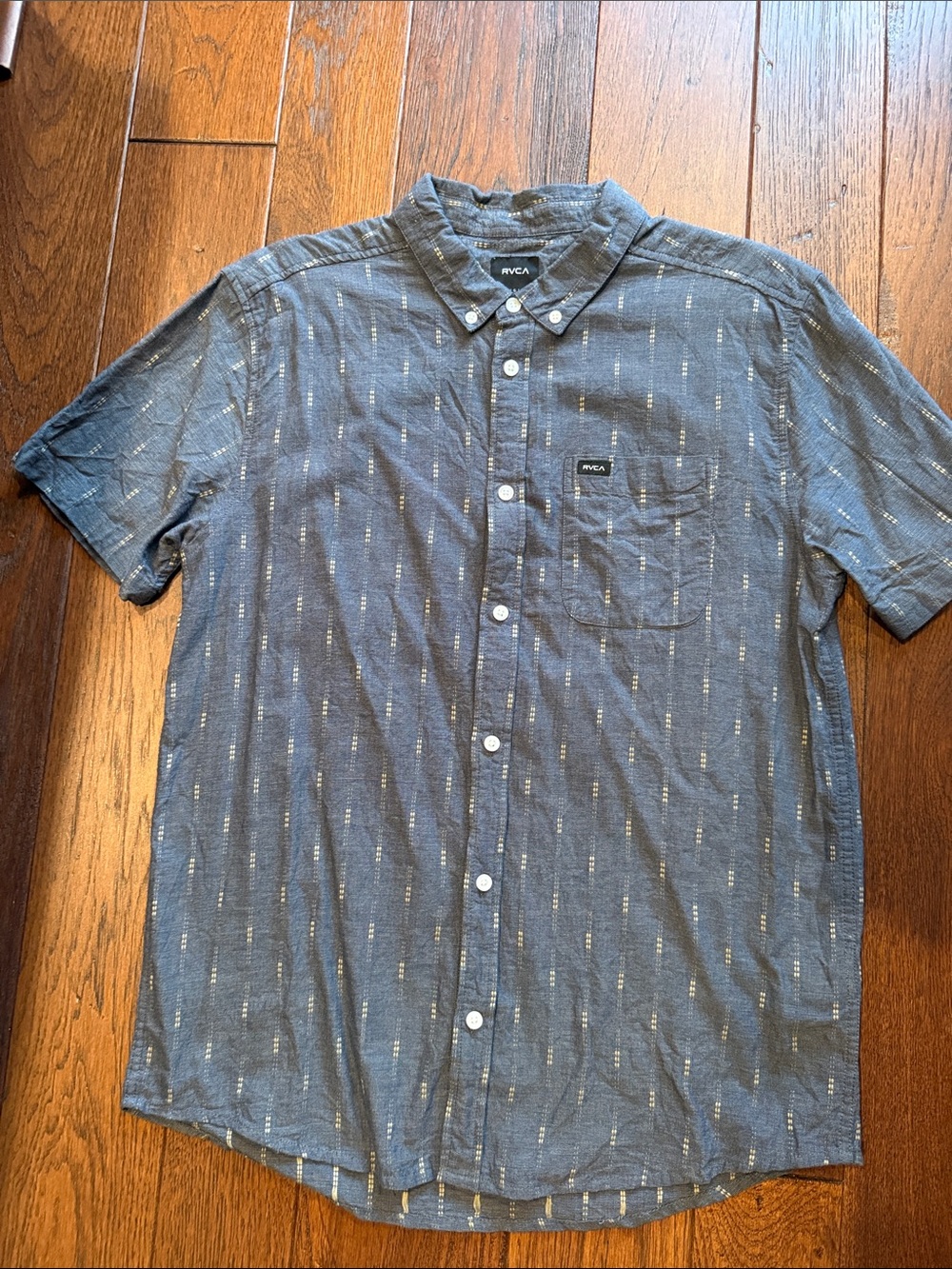RVCA Men's Short-Sleeve Button-Down Shirt in Denim Blue with Subtle White Dashes